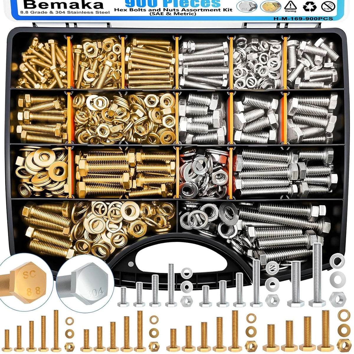 900Pcs Hex Bolts and Nuts Assortment Kit for Automotive Applications (N/A)