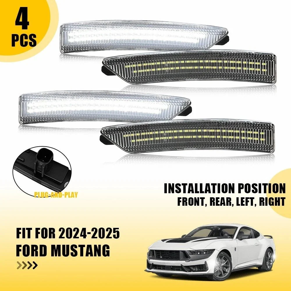 4X White LED Clear Front & Rear Side Marker Lights for Ford Mustang (2024–2025)