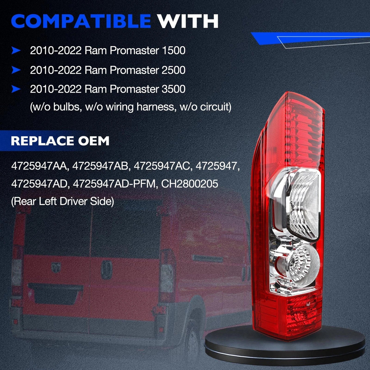 Rear Taillight Lamp Assembly Left for Ram Promaster 1500 2500 3500 (2010–2022)