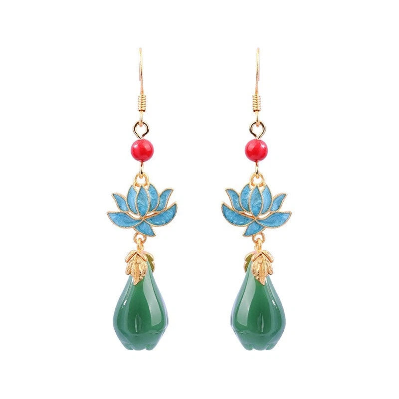 Set of 2 Jade Dangle Drop Earrings Gemstone Flower Gold Plated