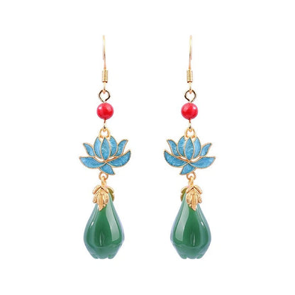 Set of 2 Jade Dangle Drop Earrings Gemstone Flower Gold Plated