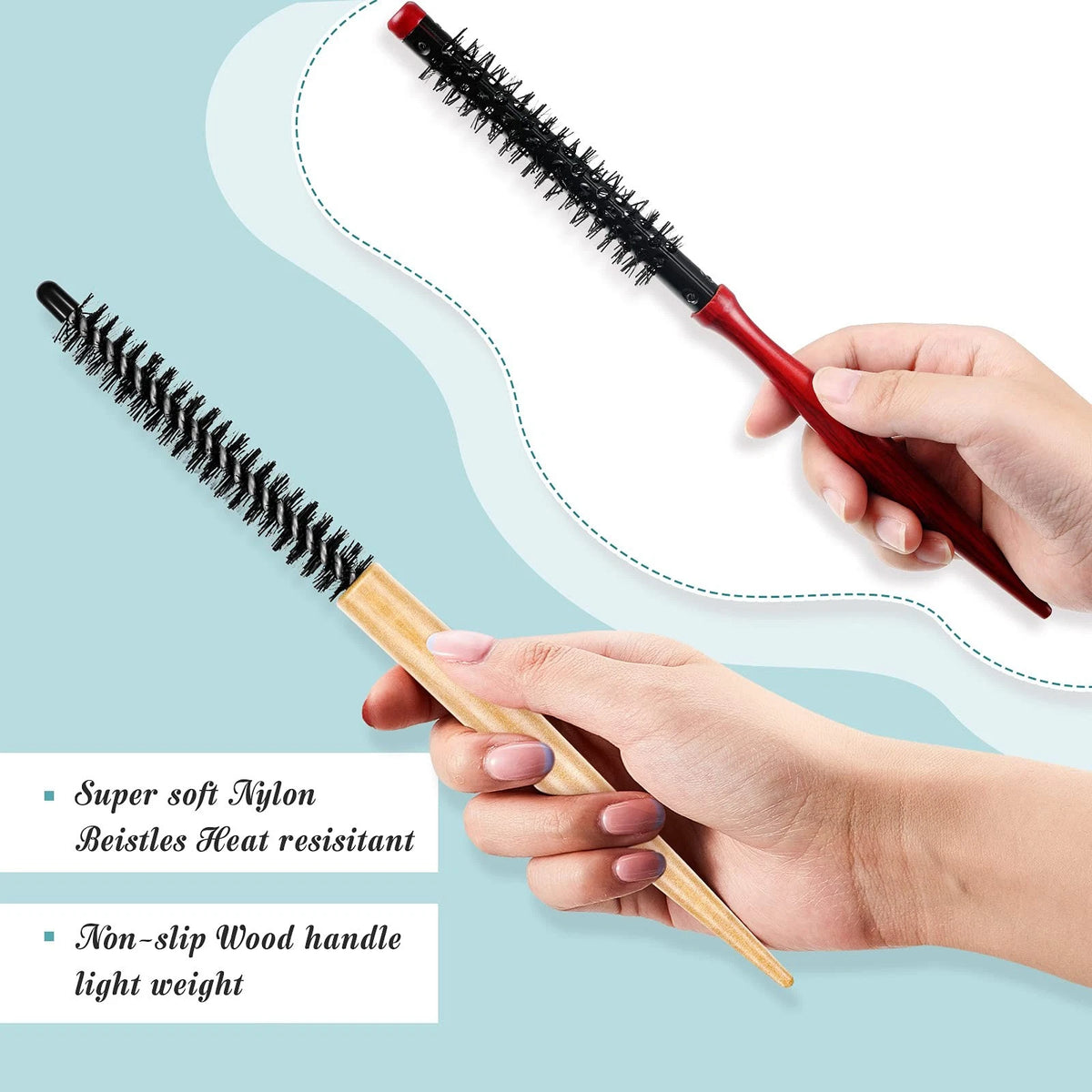 2X Small Round Hair Brush Mini Wood Roller for Red Black