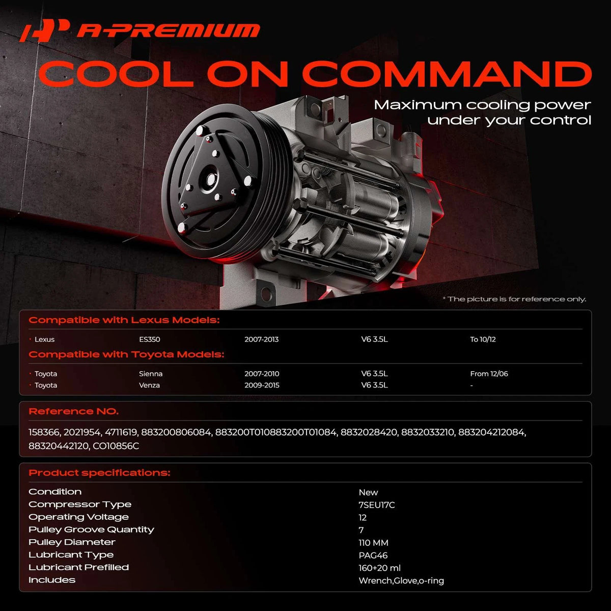 A-Premium AC Compressor with Clutch for Toyota Sienna Venza (2007–2010) 158366, 883200806084, 88320442120, CO10856C