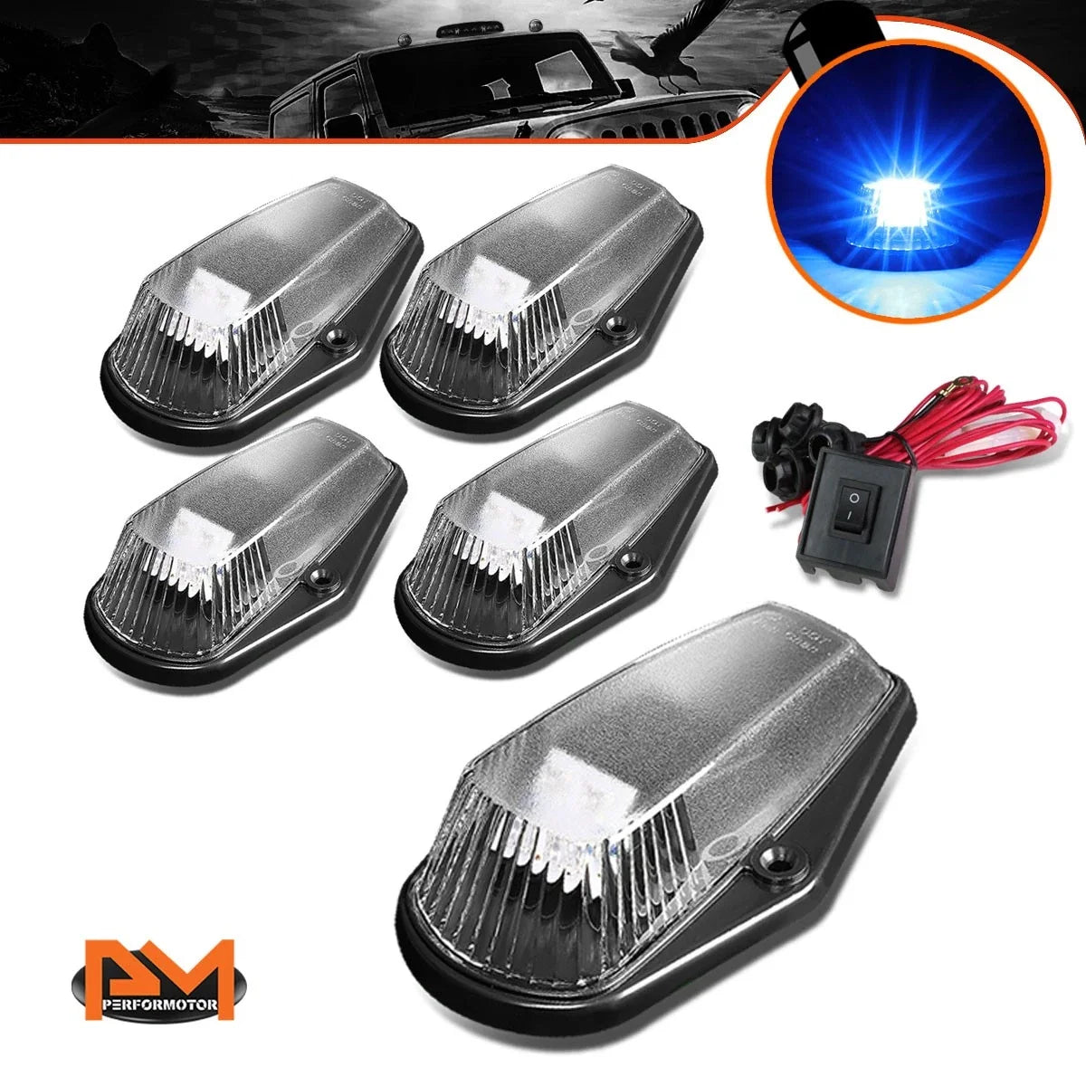 5Pcs Cab Roof Running Light w/Switch Black Blue LED for Ford F-Series (1980–1996)