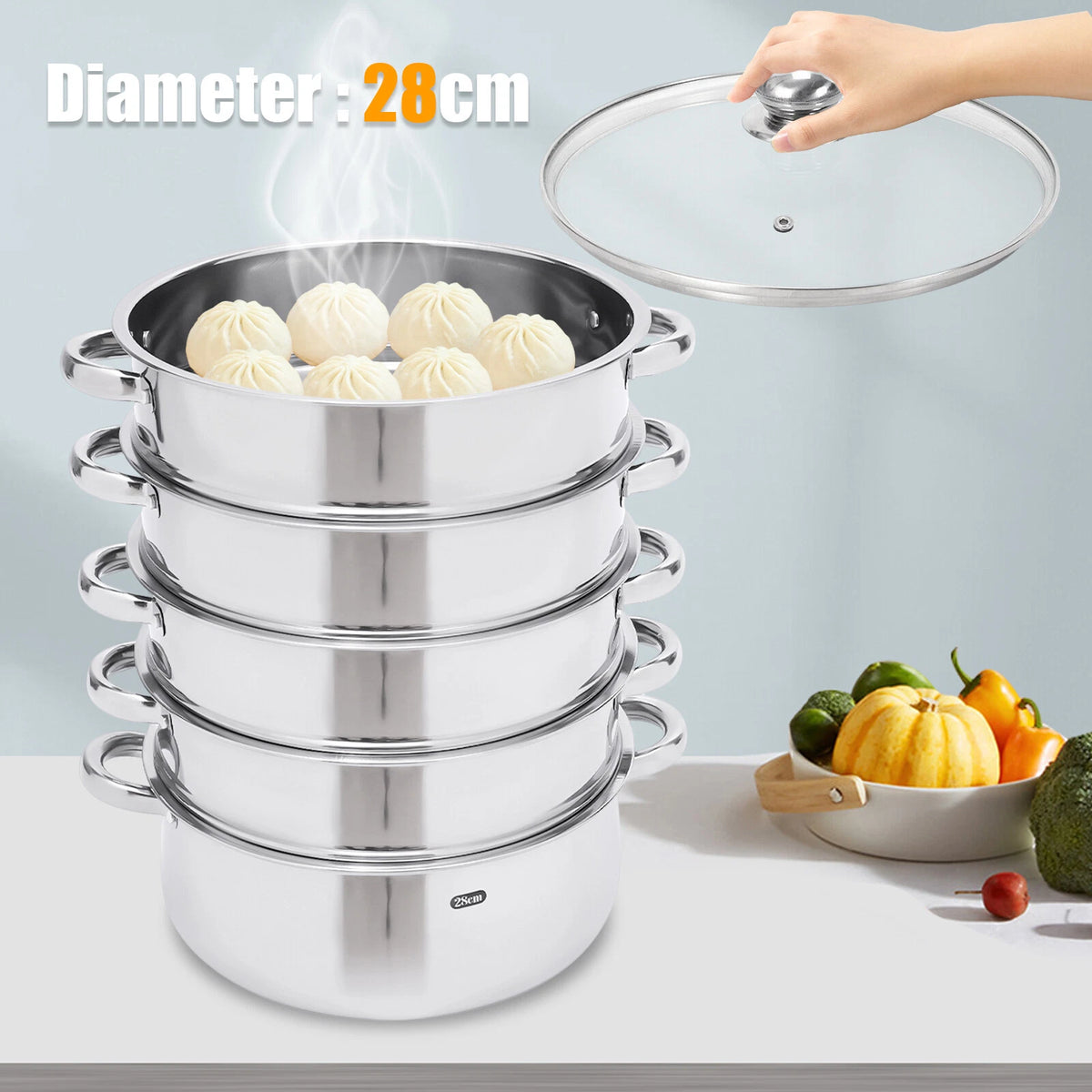 5 Tier Stainless Steel Steamer Pot with Glass Lid for Cooking
