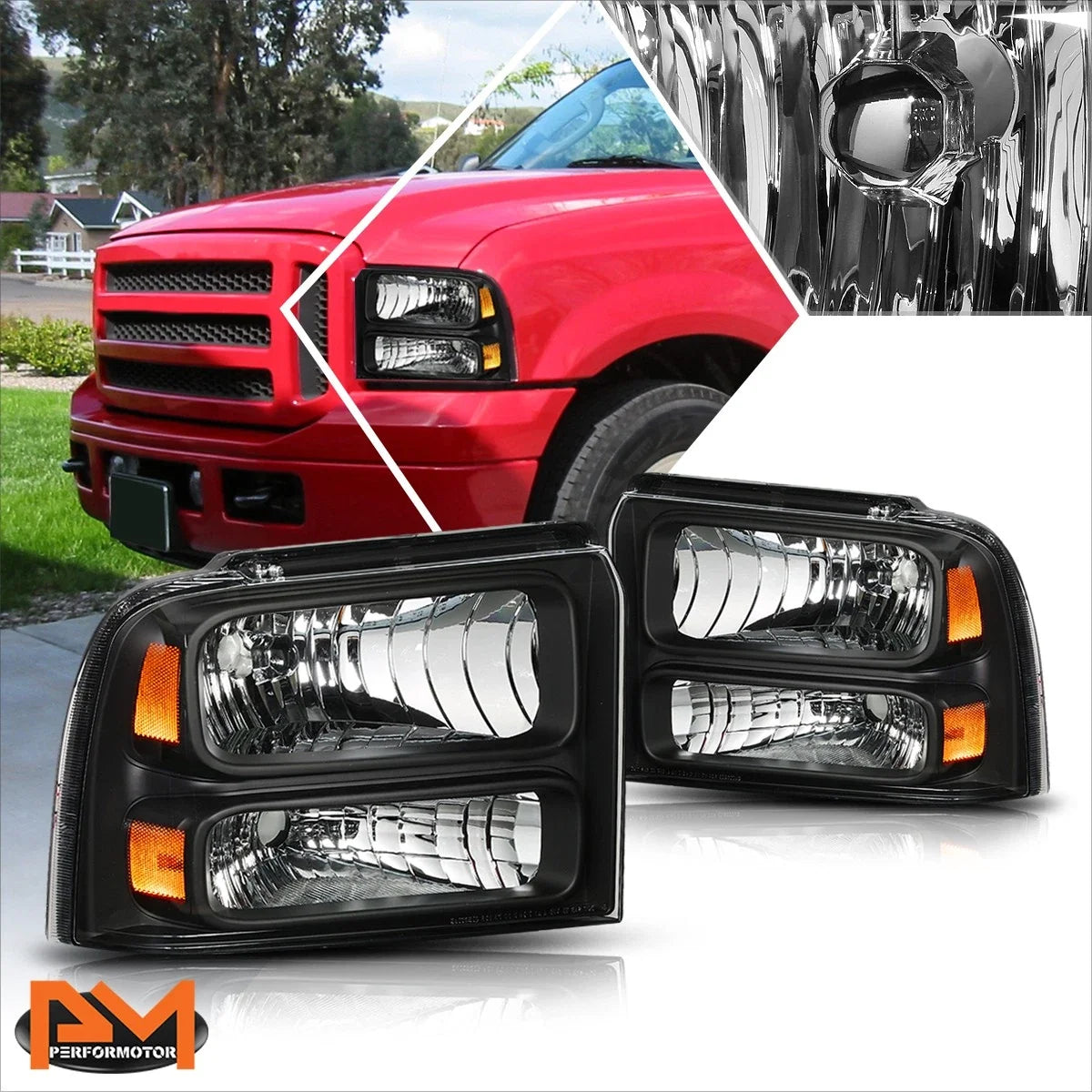 Set of 2 Black Housing Headlight Amber Corner Lamps for Ford F250/F350 (2005–2007)