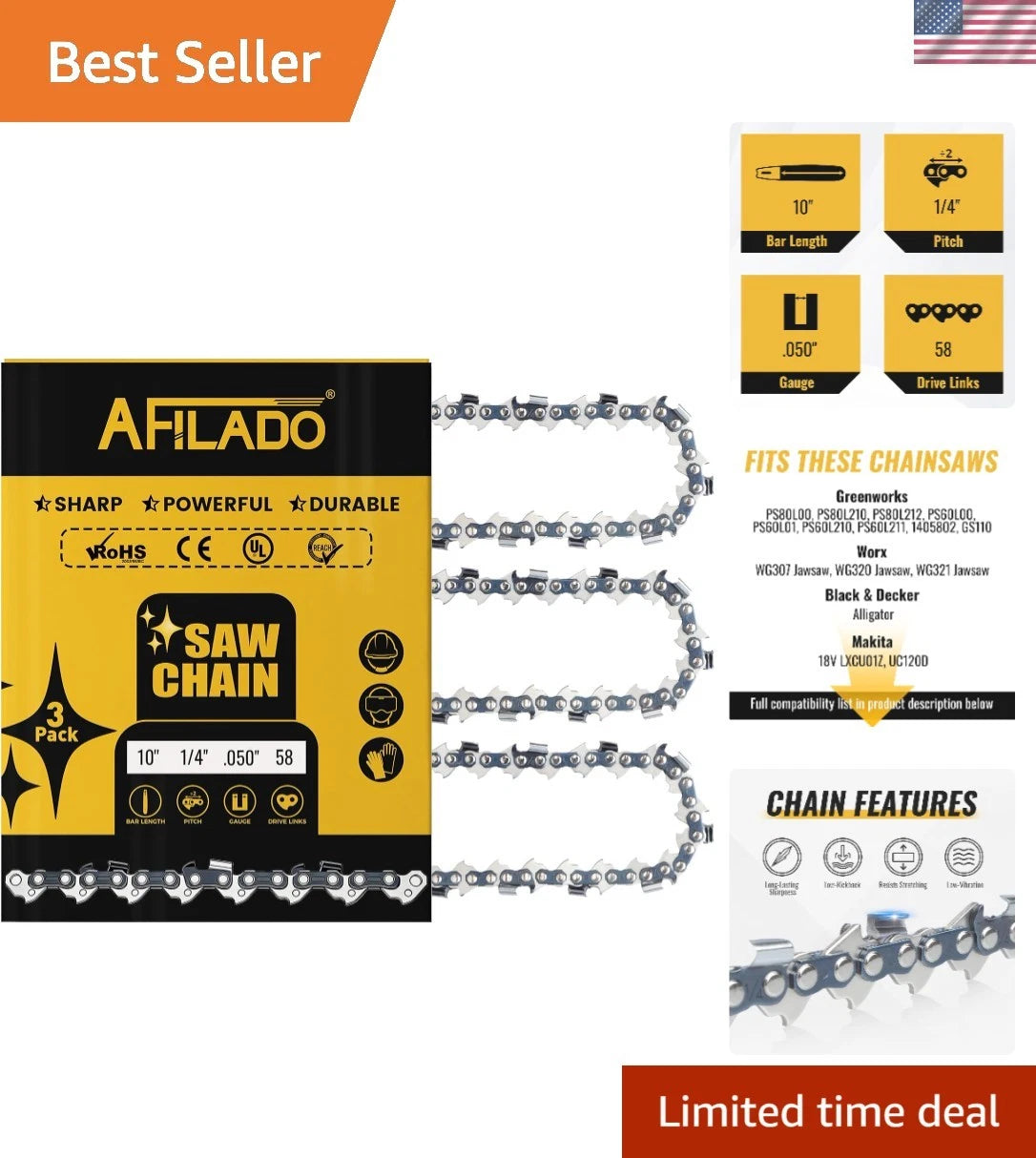Set of 2 Chainsaw Chains - 10 Inch, 58 Drive Links, 0.050 Gauge