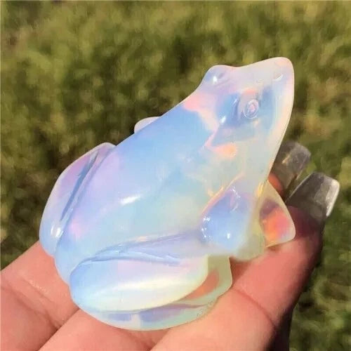 Natural Opal Quartz Crystal Lucky Frog Carved Gemstone Statue Decor