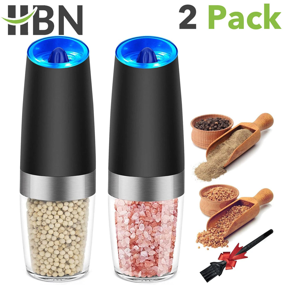 2X Electric Salt and Pepper Grinder Set, Gravity Sensor, Automatic Mill