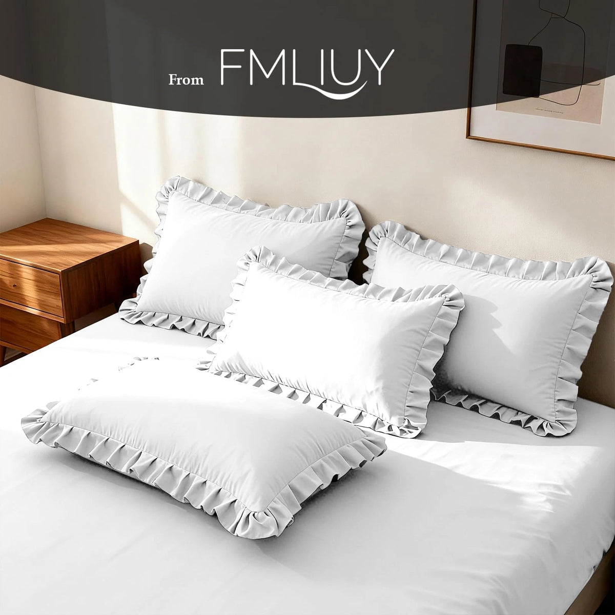 Set of 2 Ruffle Pillow Cases for Standard Size (Soft, White)