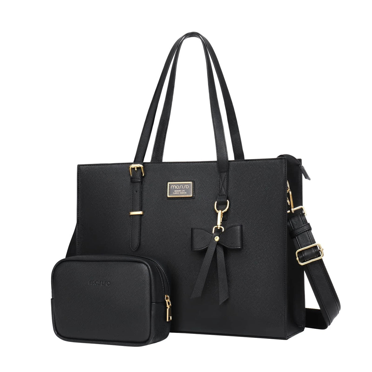 15.6 Inch Laptop Tote Bag for Women - Large Capacity PU Leather Black