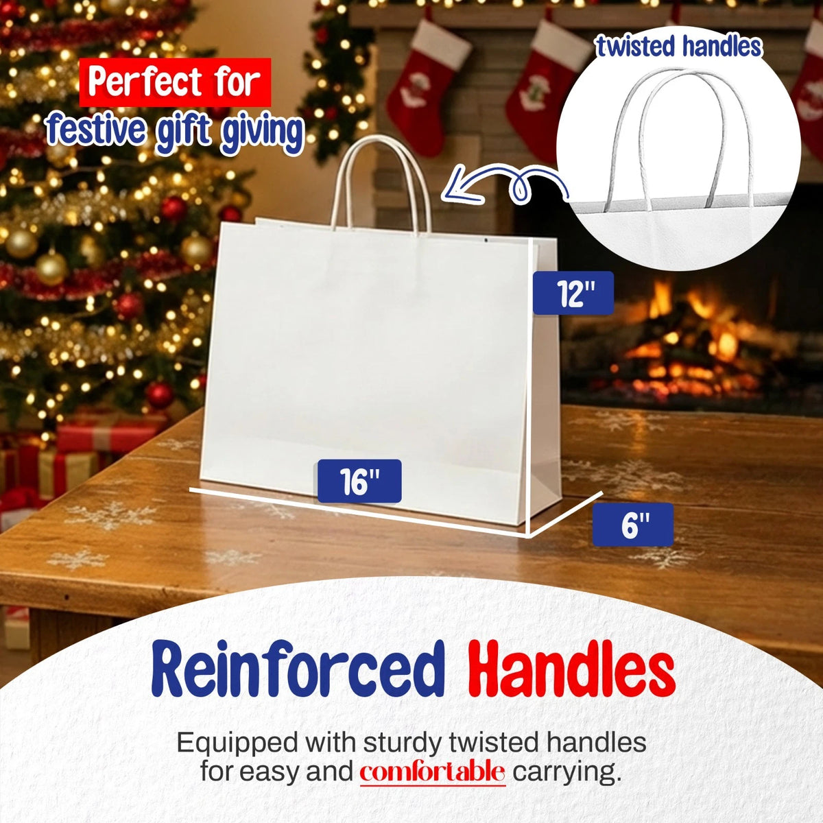 Pack of 250 White Paper Gift Bags 16" x 6" x 12" with Handles