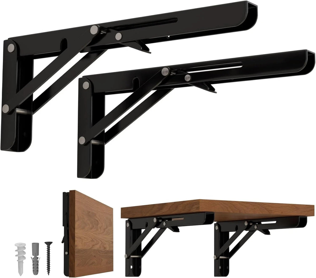 2X Heavy Duty 8-Inch Folding Shelf Brackets for Wall Mounting - Black