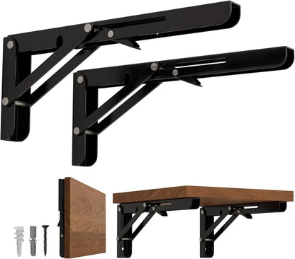 2X Heavy Duty 8-Inch Folding Shelf Brackets for Wall Mounting - Black