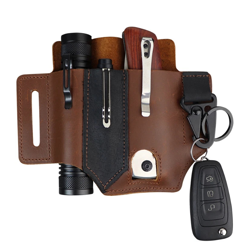 EDC Leather Belt Sheath Organizer for Folded Knives Tactical Flashlights