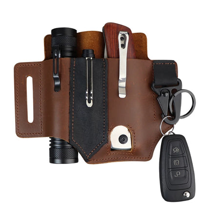 EDC Leather Belt Sheath Organizer for Folded Knives Tactical Flashlights