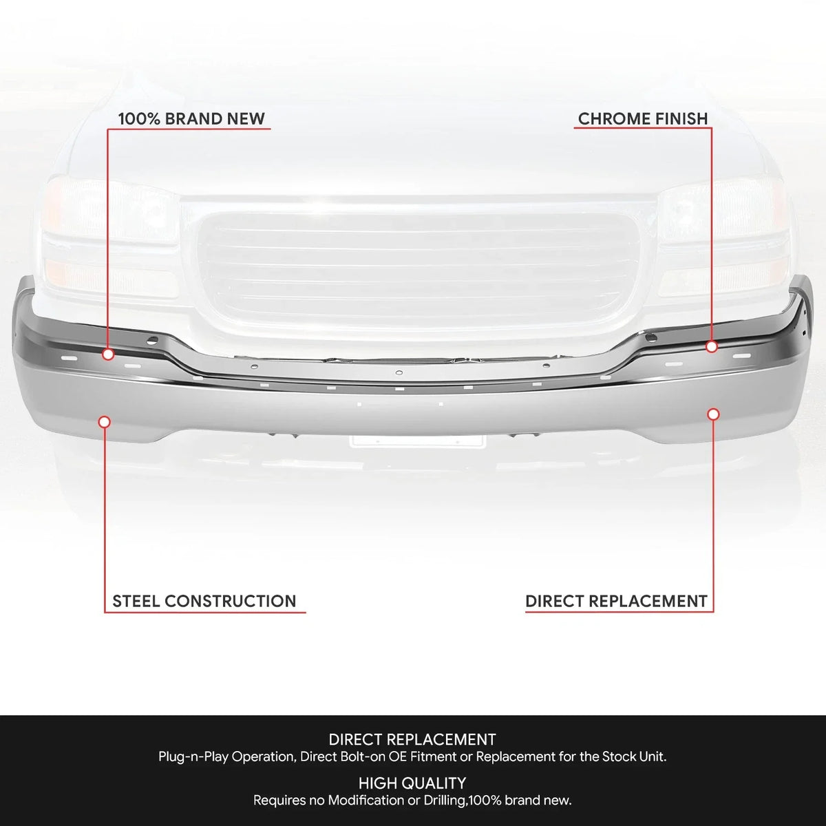 Front Bumper Face Bar Replacement Chrome for GMC Sierra 1500 Yukon XL (1999–2006)