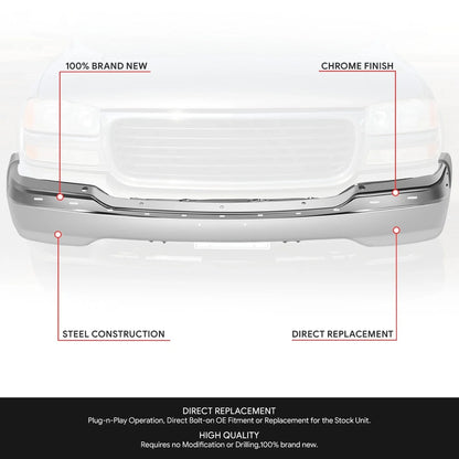 Front Bumper Face Bar Replacement Chrome for GMC Sierra 1500 Yukon XL (1999–2006)