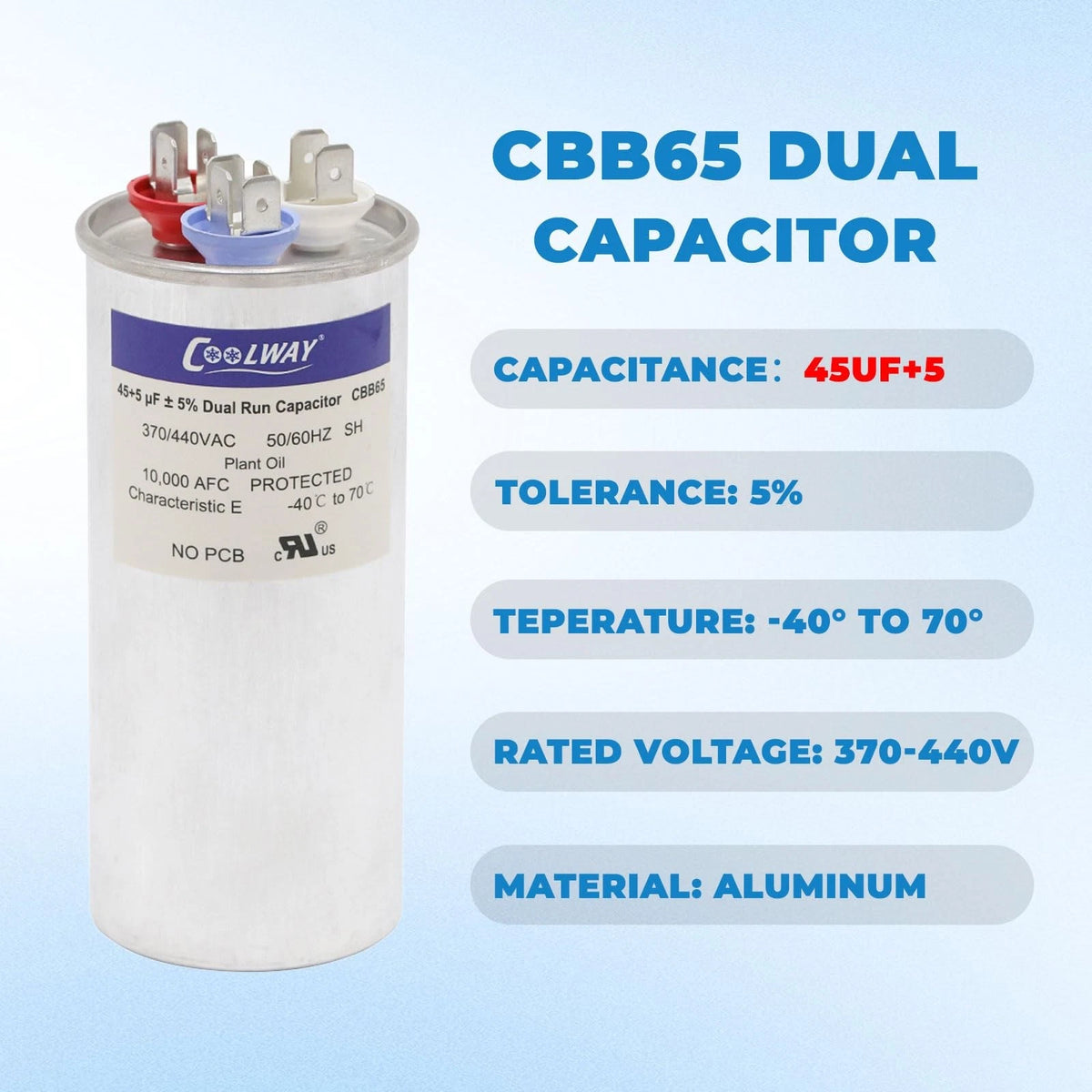 Dual Run Start Capacitor 45/5 uF 370V or 440V for AC Units