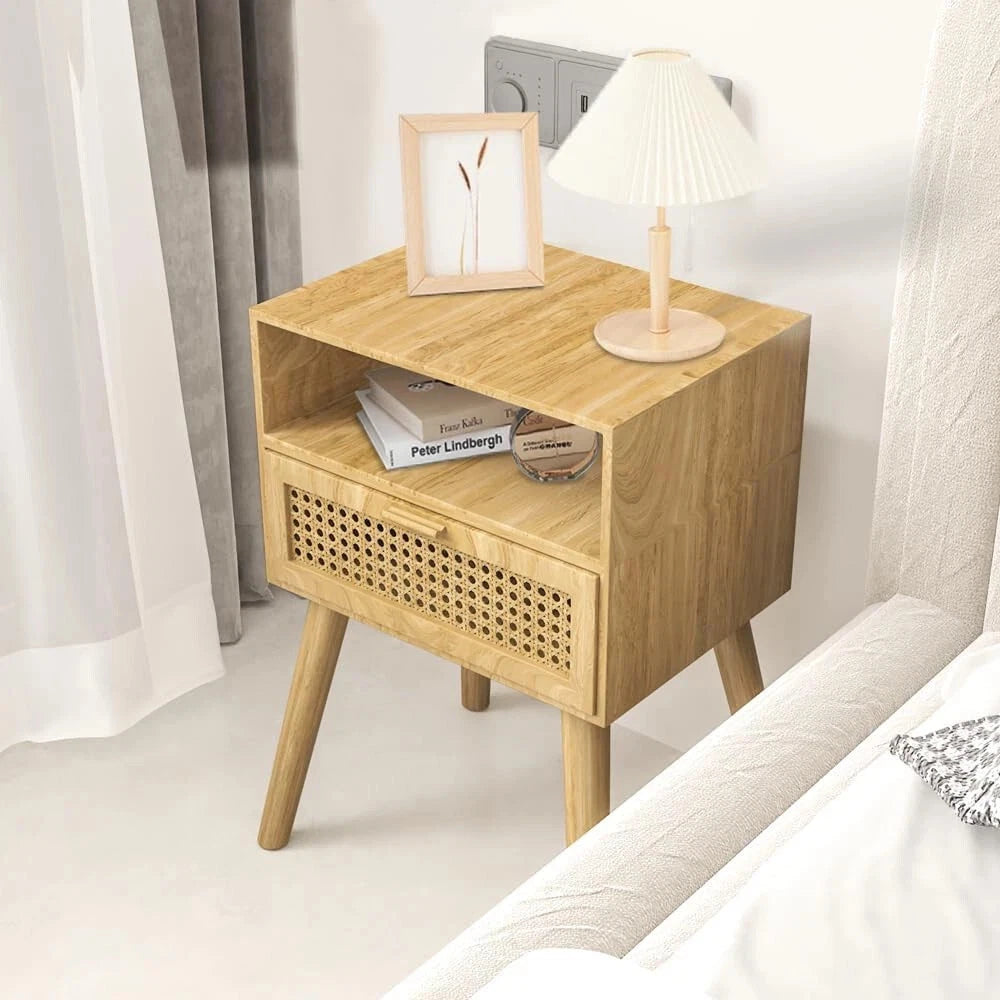 Wooden Nightstand with Rattan Door for Mid Century Style