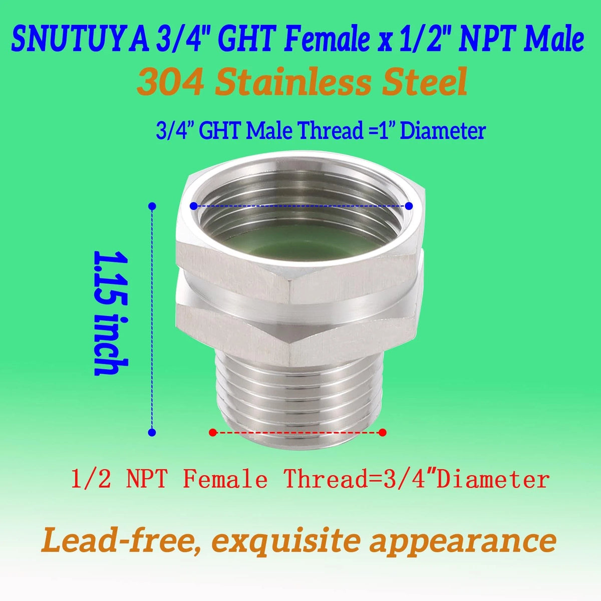 304 Stainless Steel C-3/4" GHT Female x 1/2" NPT Male Fitting