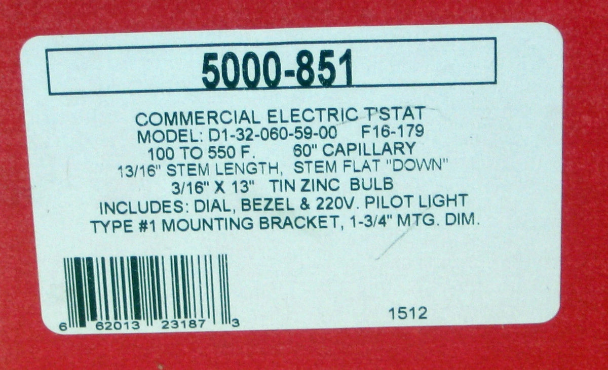 Electric Thermostat for Robertshaw Commercial Cooking Oven (5000-851)