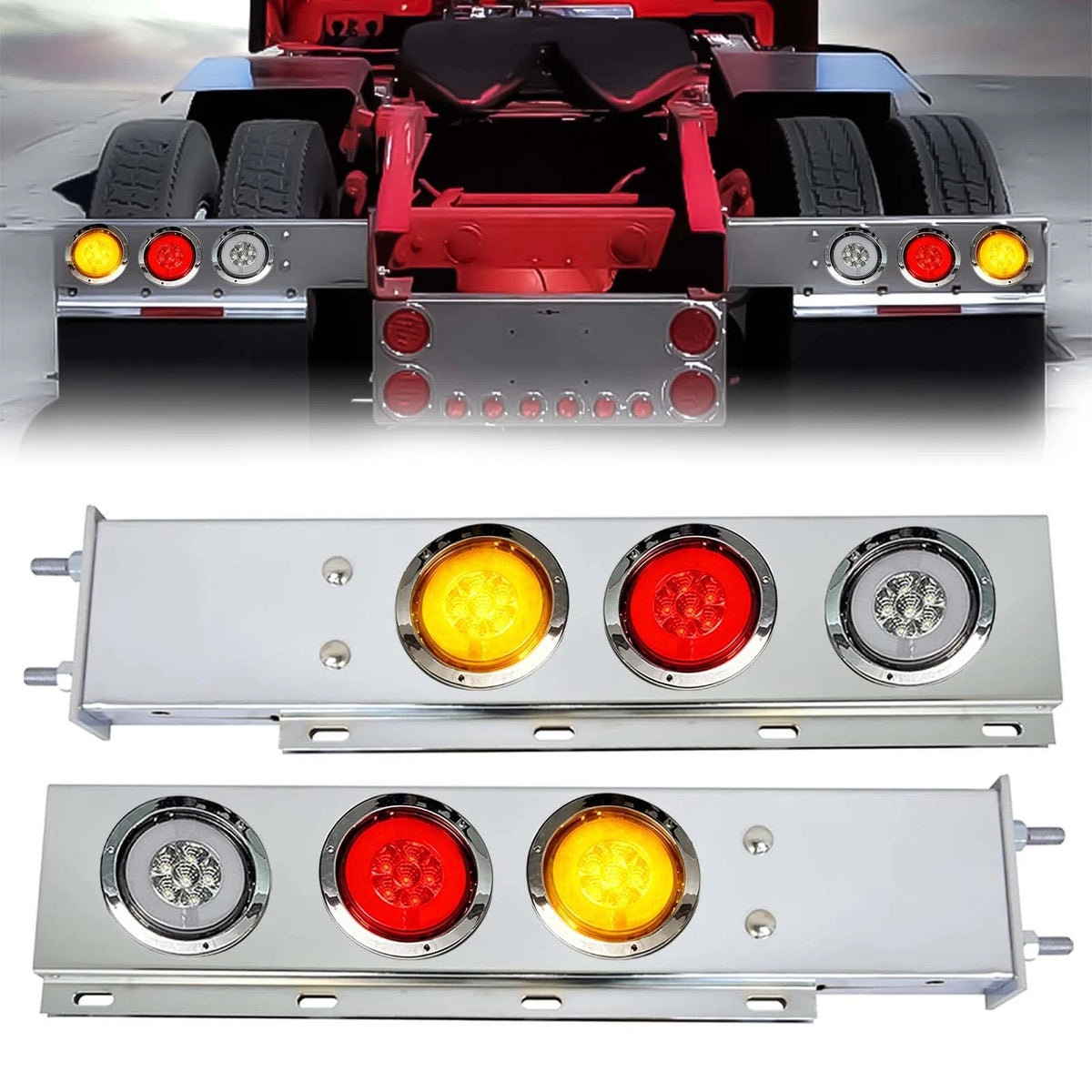 Set of 2 Chrome Steel Spring Mud Flap Hanger Bar w/ 30 LED Tail Lights for Semi Truck (902-050&DW22-001)