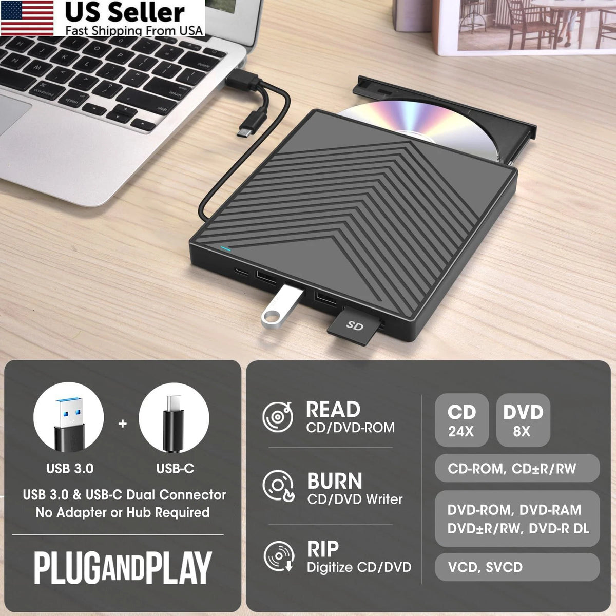 External CD DVD Drive for USB 3.0 (2010–2023)