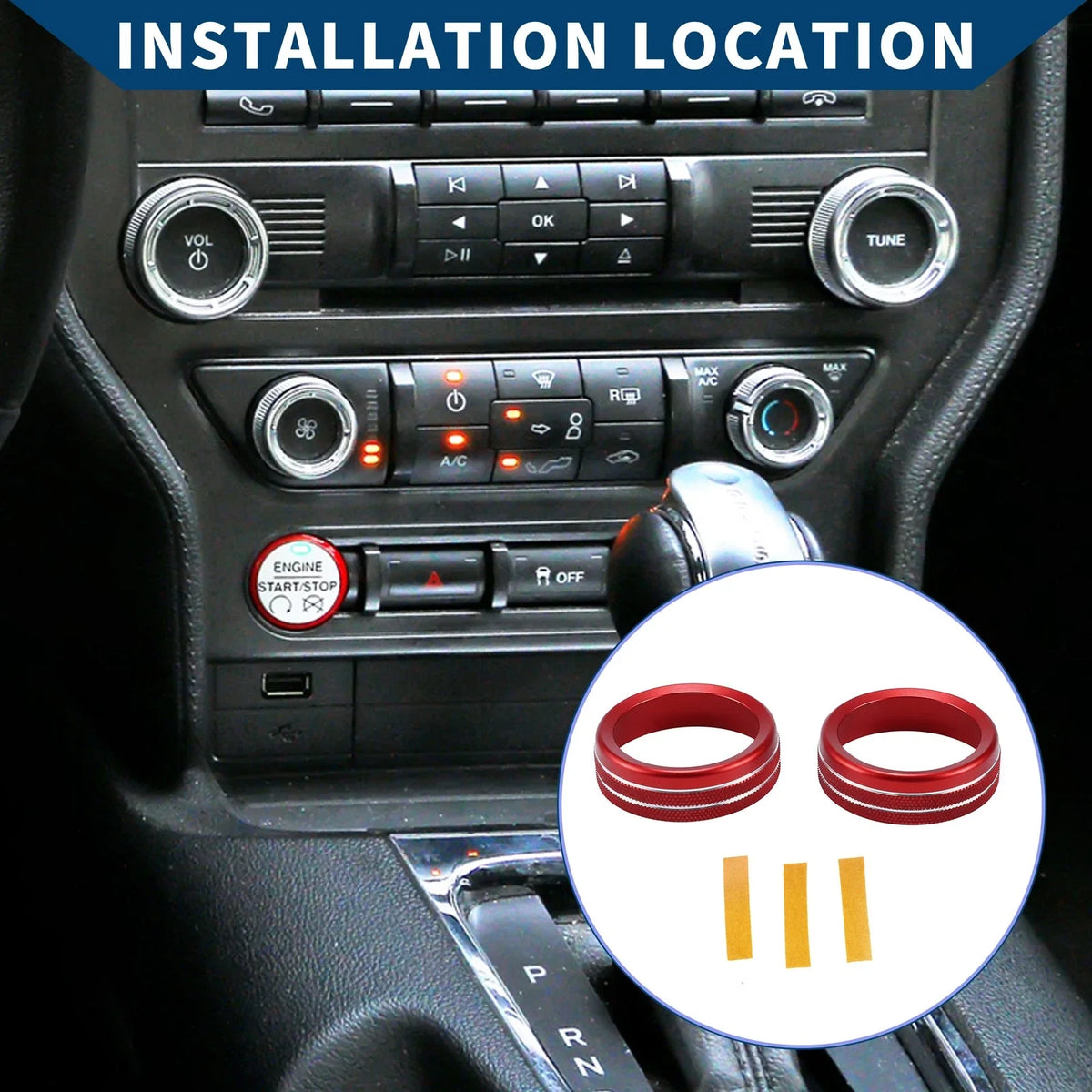 2X Media Radio Tune Switch Knob Cover for Ford Mustang (2015–2021) Red