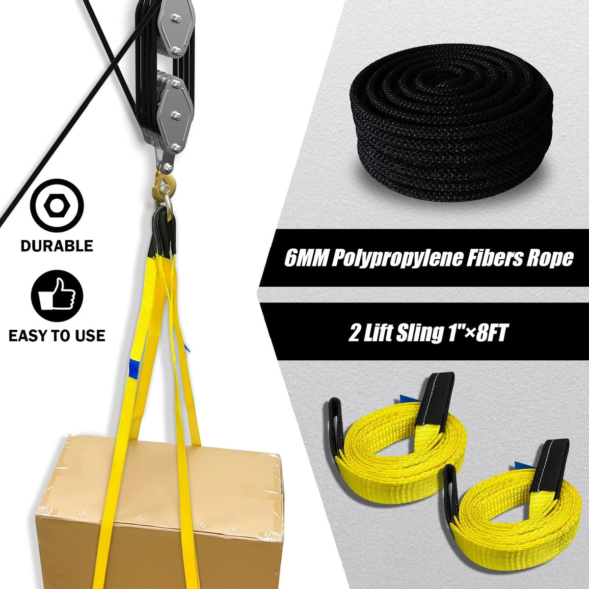 Rope Hoist Pulley System for Universal Use (4400LB, 4 Wheels, 2 Straps)