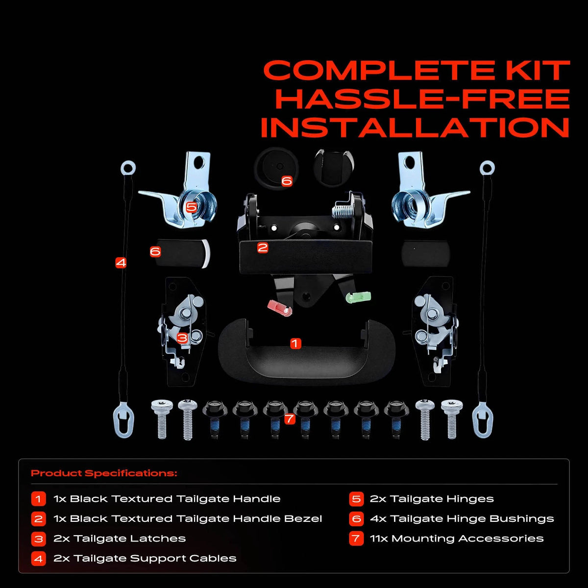 Tailgate Hardware Rebuild Kit w/ Cable for Dodge Ram 1500 2500 (1994–2002) - 55074580AC, 55074751, 55275484AB, 55275485AB
