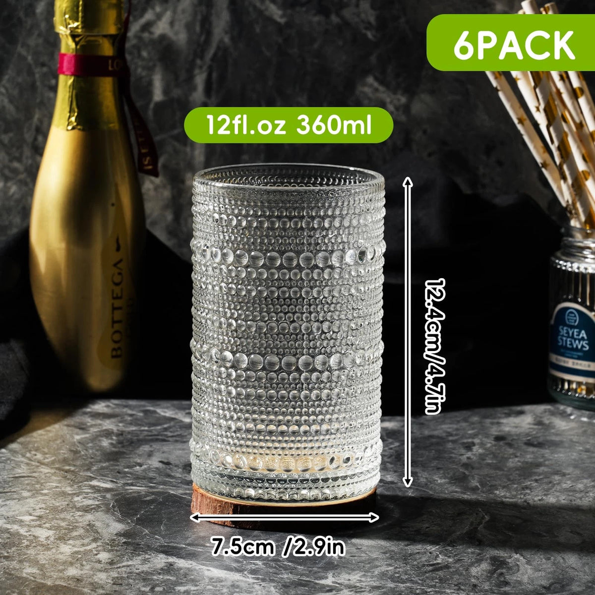 Set of 6 Hobnail Drinking Glasses for Vintage Style (12 Oz)