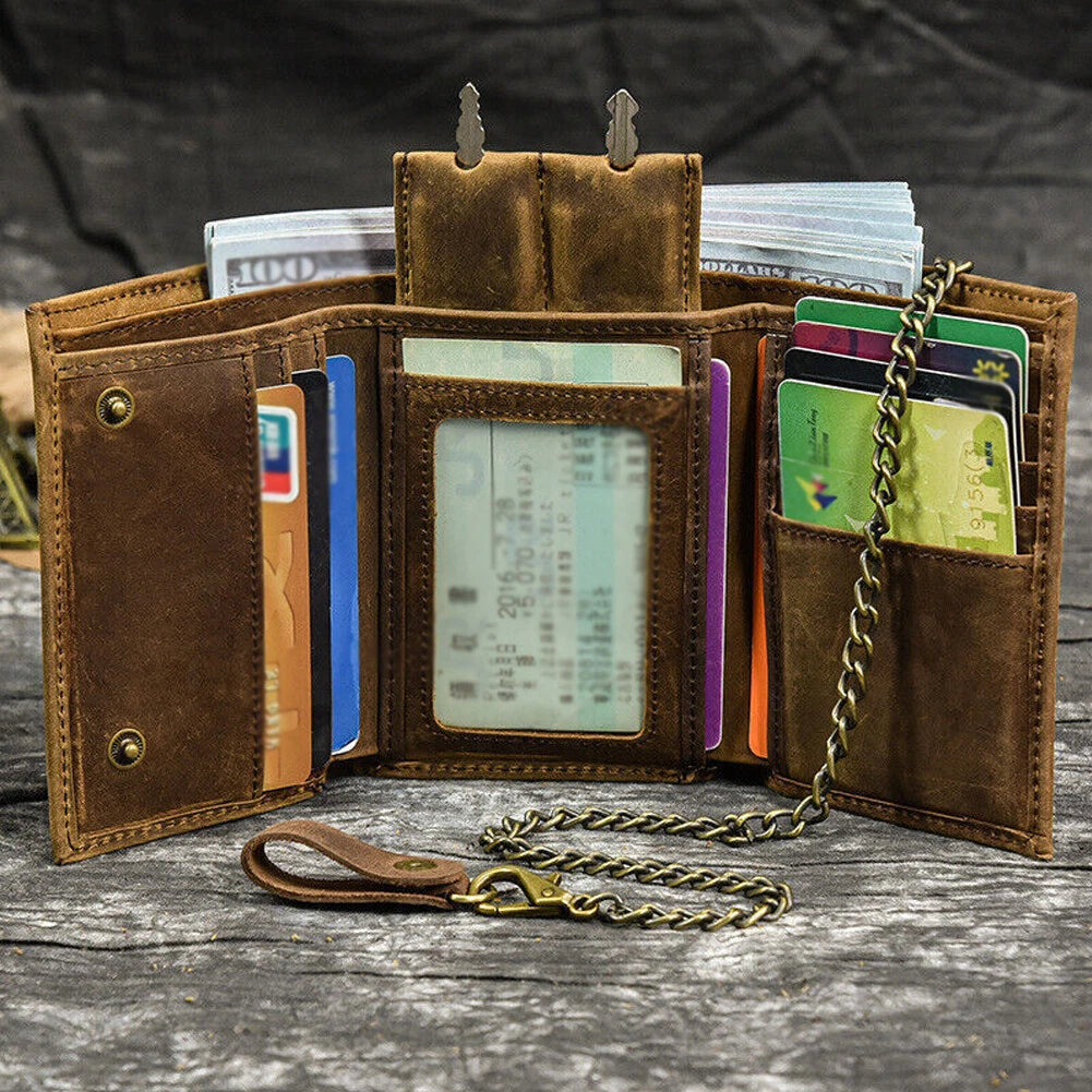 Men's Leather Tri-fold Wallet Chain Vintage Snap Closure Card Holder