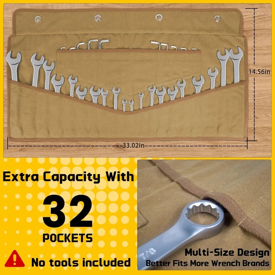 Wrench Roll for Tools (32 Pockets, Heavy-Duty Waxed Canvas)