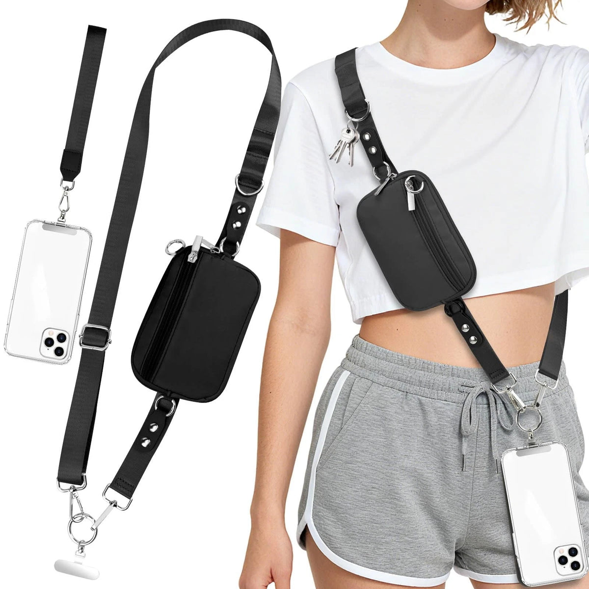 3-in-1 Clip and Go Strap for Phone with Wallet - Black