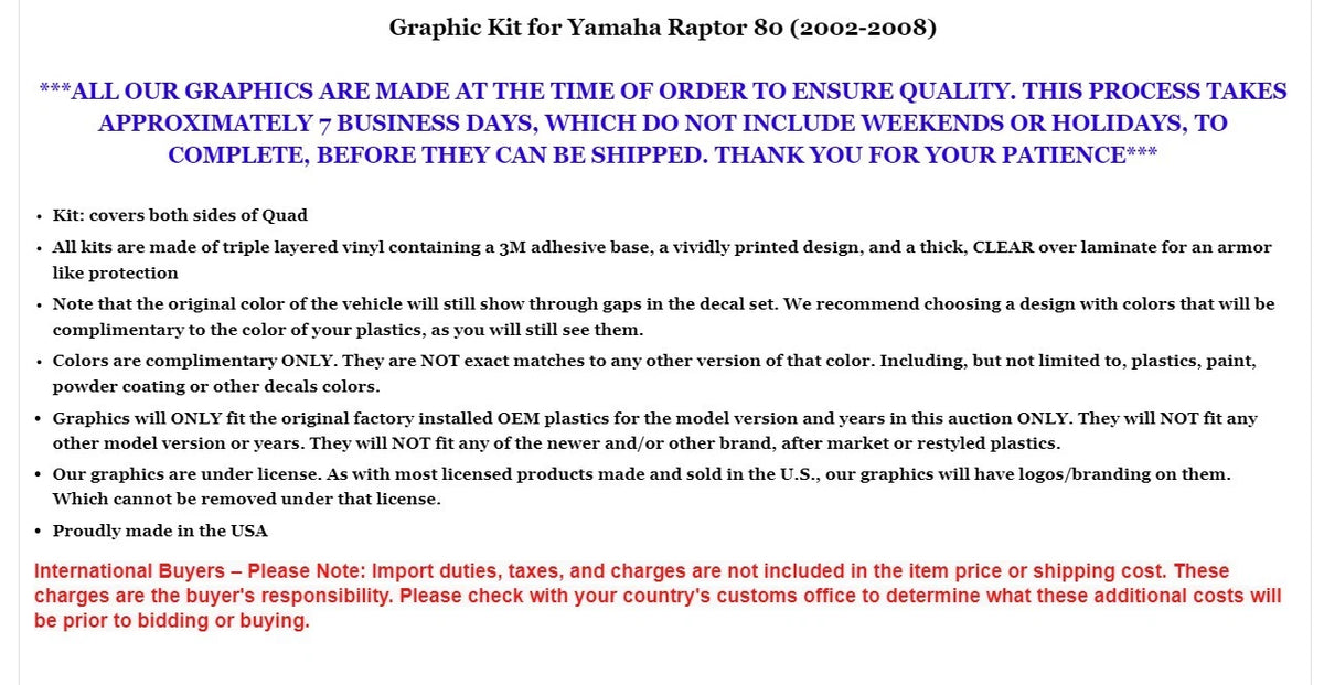 ATV Graphics Decals Stickers for Yamaha Raptor 80 (2002–2008)