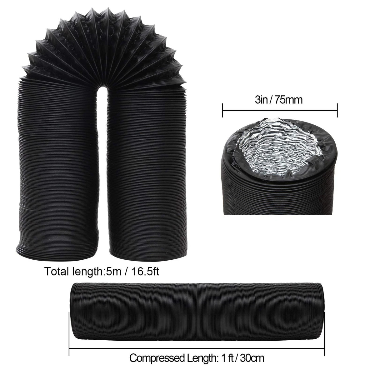 3 Inch Flexible Ducting Hose for Automotive Use (16.5 Feet) Black