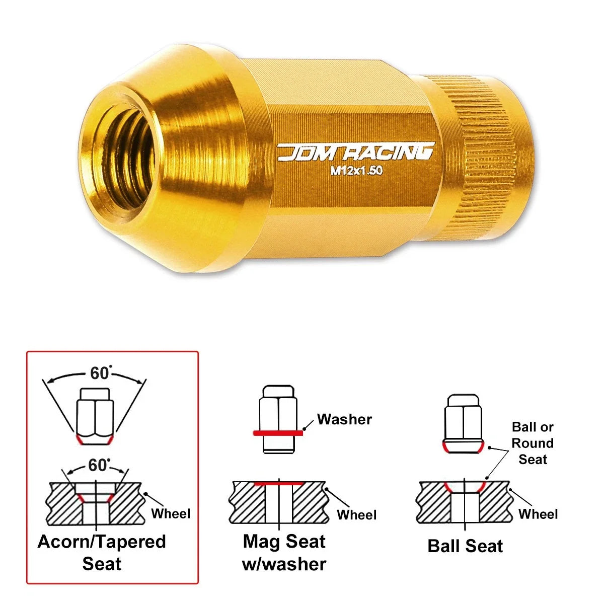20Pc M12X1.5 Gold JDM Open End Bulge Hex Wheel Lug Nuts + Extension 25mmx44mm