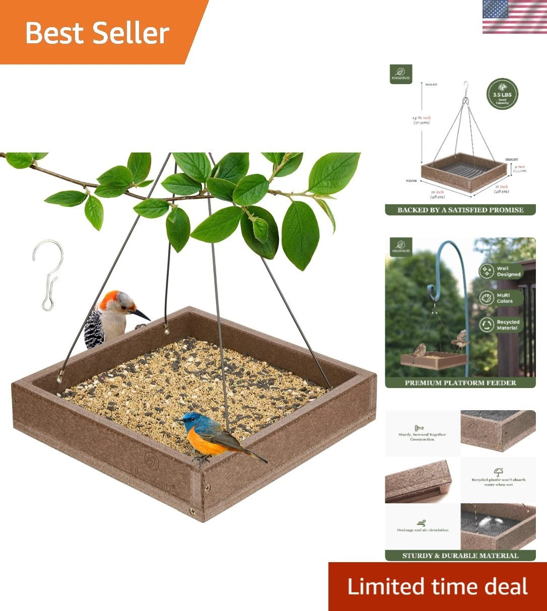Hanging Bird Feeder for Spacious Mealworms & Seeds (3.5 lbs)