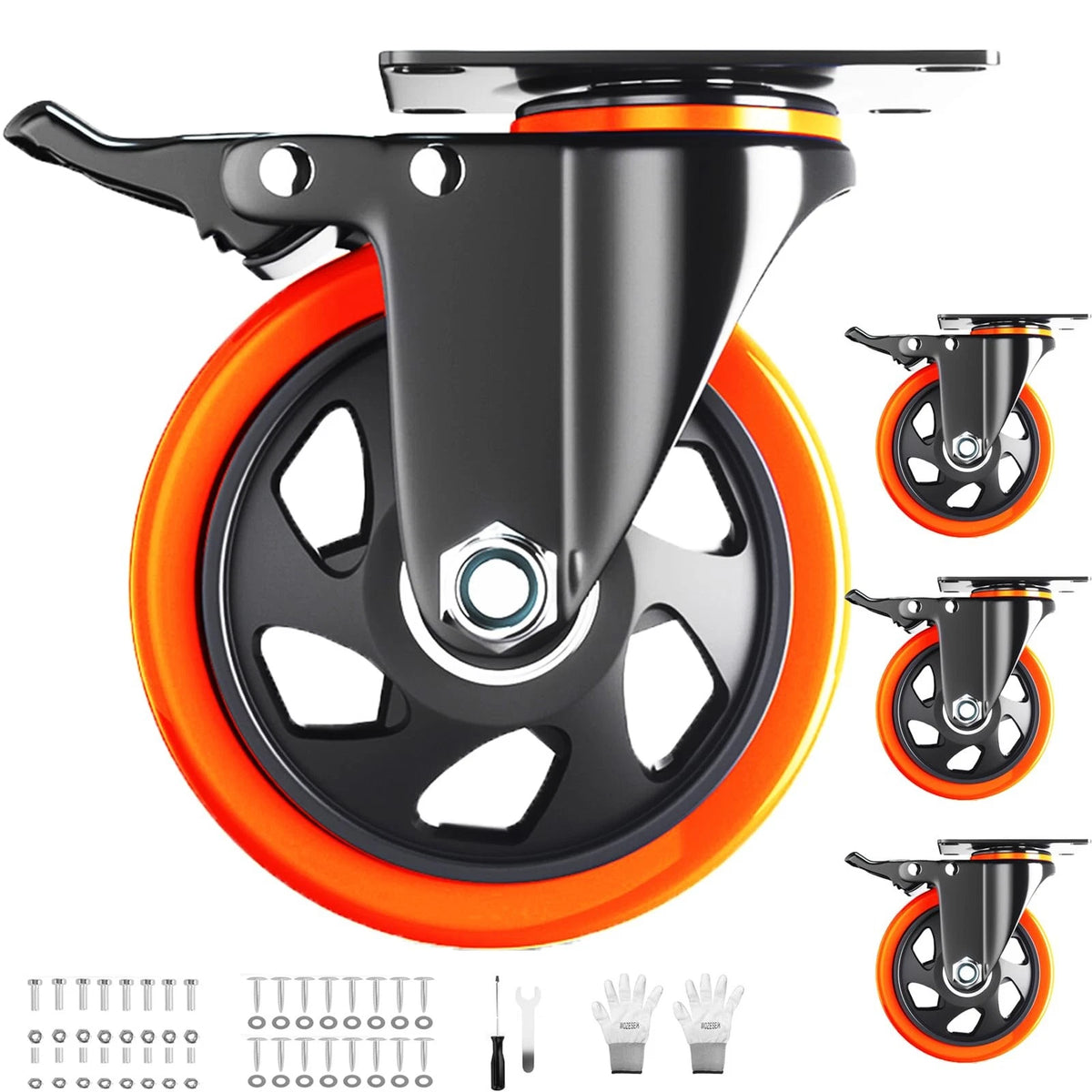 Set of 4 Heavy Duty 5 Inch Caster Wheels with Brakes
