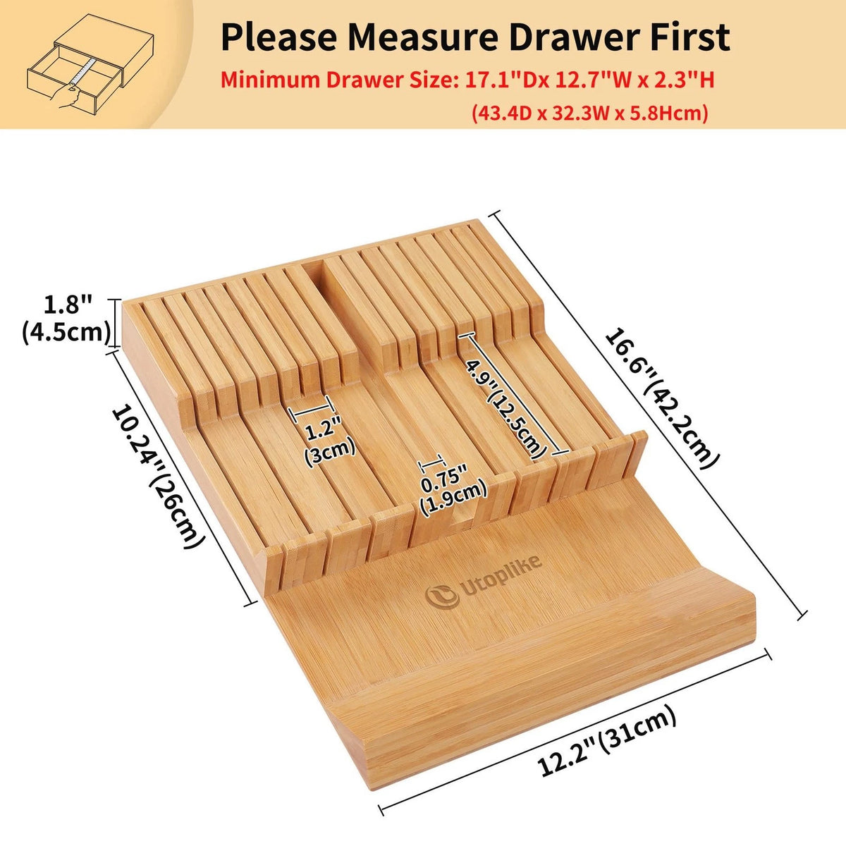 16-Slot Bamboo Knife Block for Kitchen Drawer