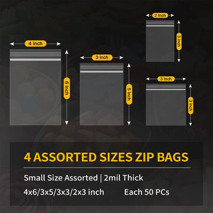 200 Pack Small Plastic Bags for Jewelry (2x3, 3x3, 3x5, 4x6 Inch)