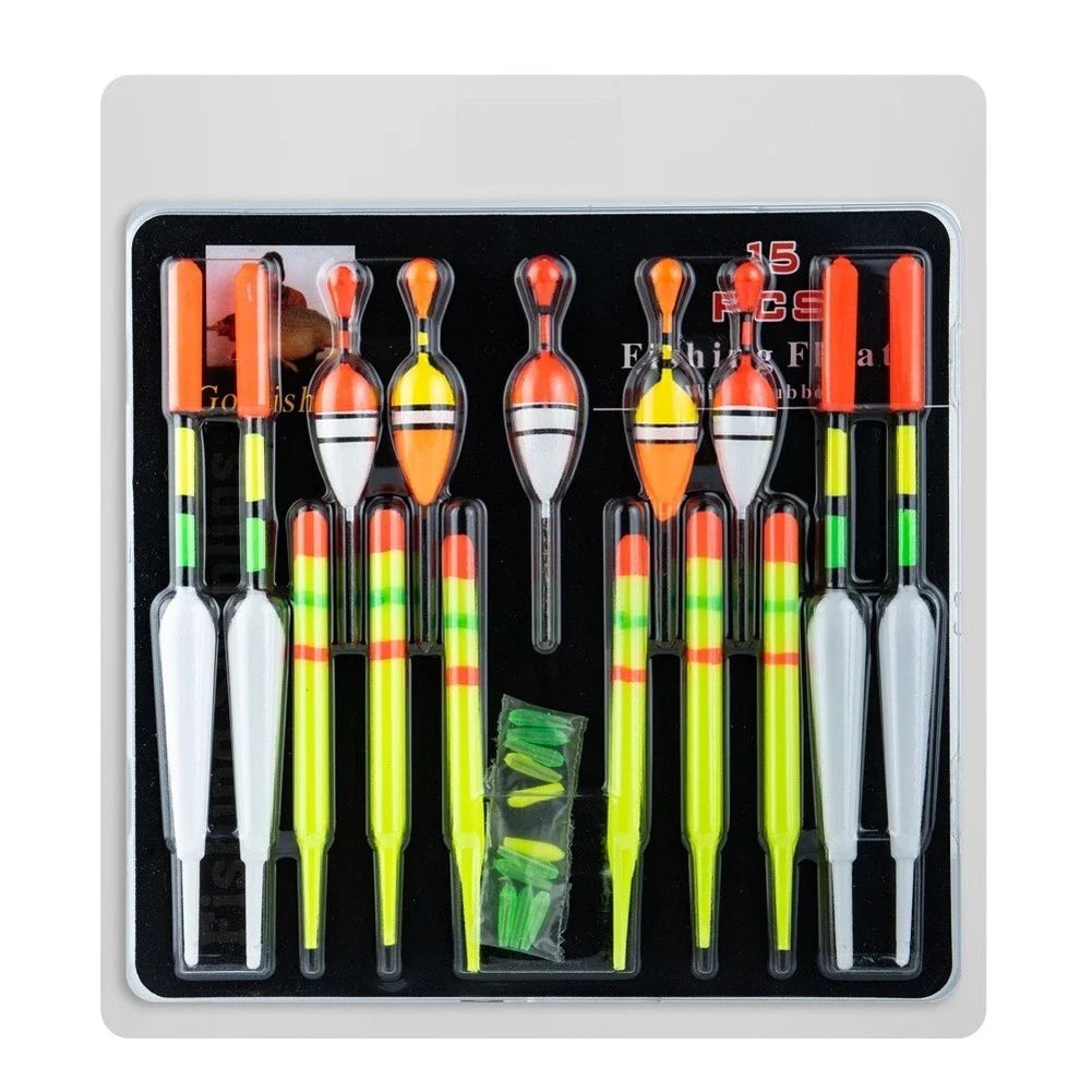 15 Piece Set of Fishing Floats Bobbers for Various Fishing Applications
