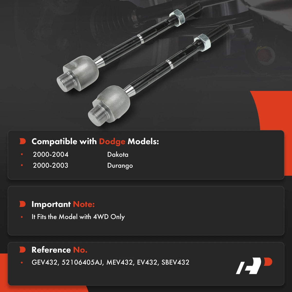 2X Front Inner Tie Rod End for Dodge Durango Dakota (2000–2004) 52106405AJ, MEV432