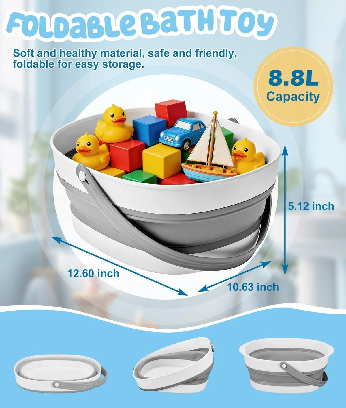 2X Large Bath Toy Storage Basket, 2-in-1 Foldable, Quick Dry