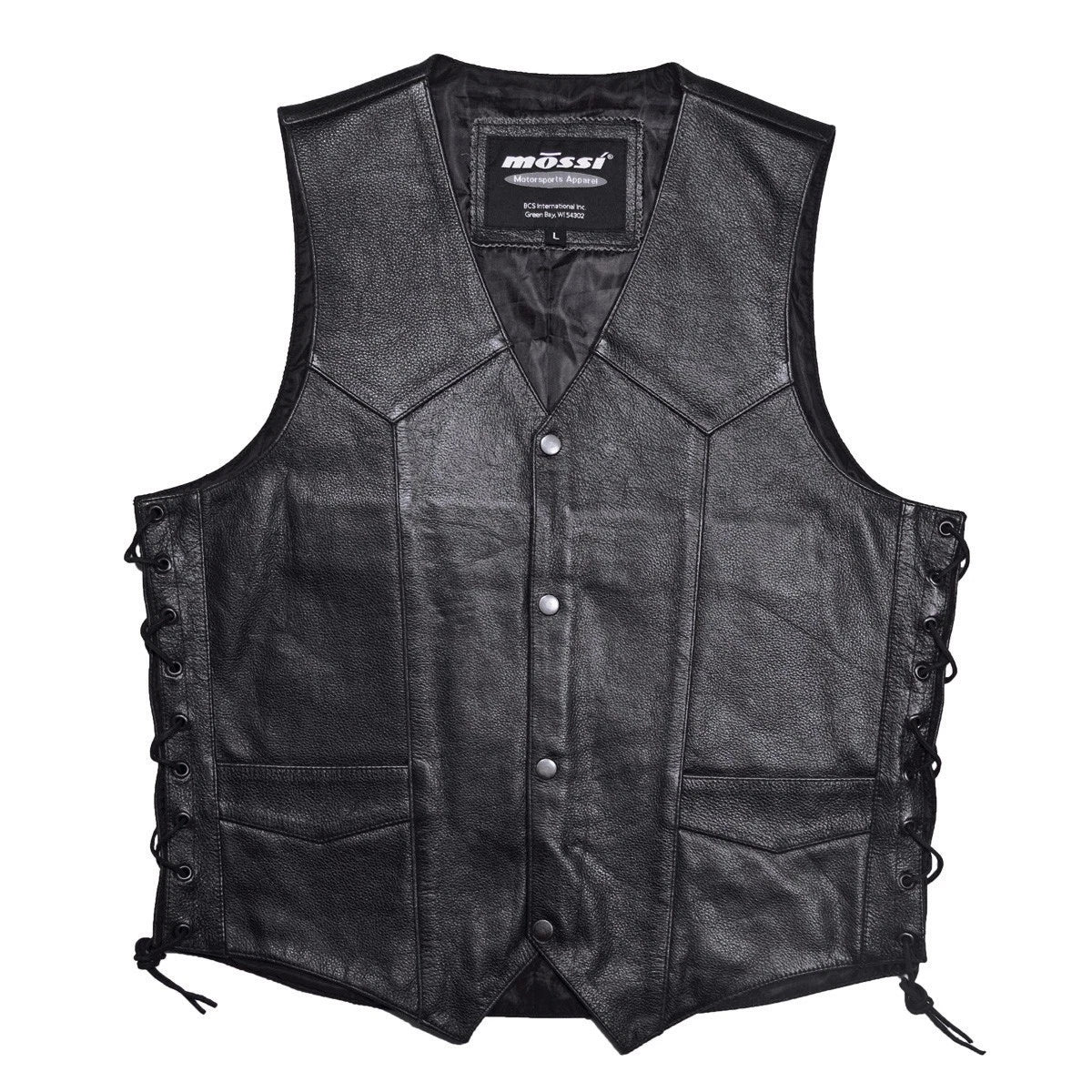 Mossi Side Lace-Up Black Leather Vest for Men - Live To Ride (No Part Numbers)