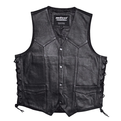 Mossi Side Lace-Up Black Leather Vest for Men - Live To Ride (No Part Numbers)