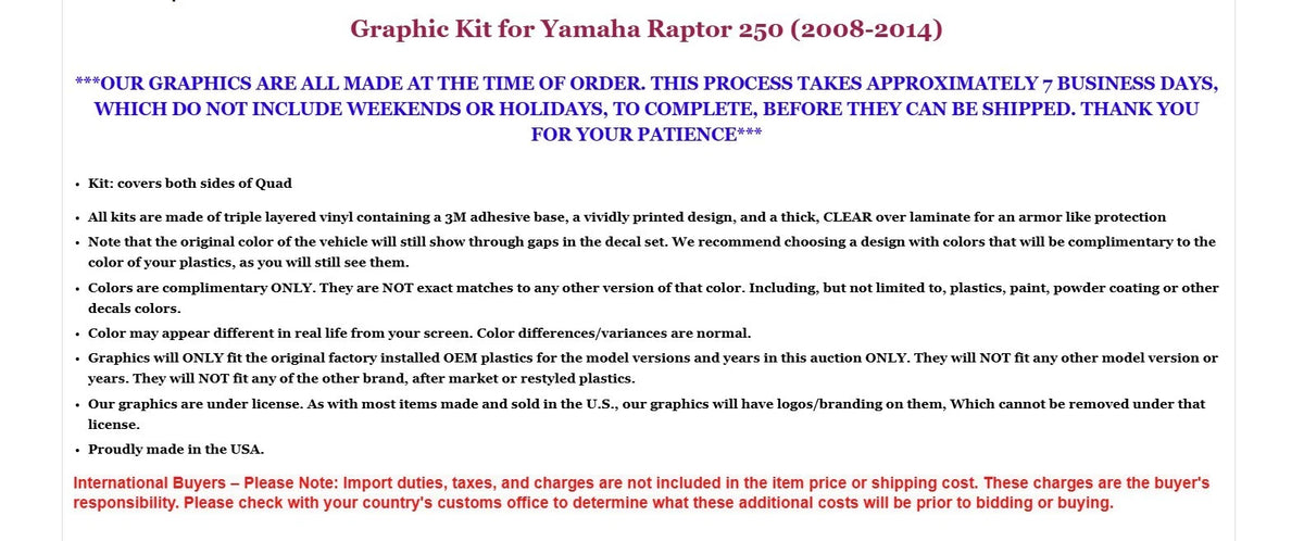 Graphic Decals Stickers for Yamaha Raptor 250 (2008–2014)