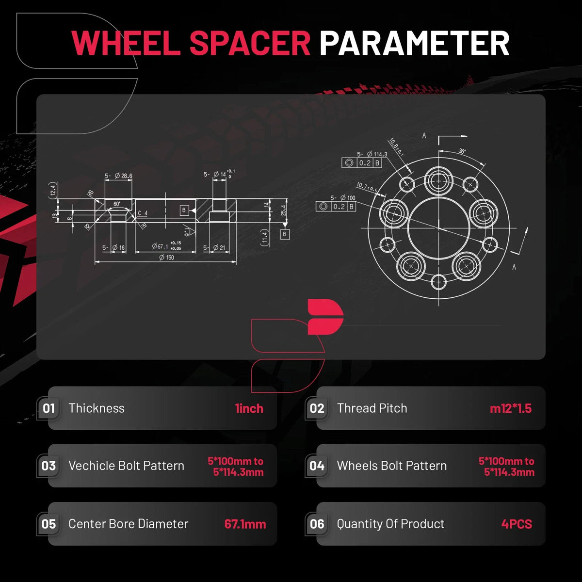 Wheel Adapters 1in Conversion 5x100 to 5x114.3 for Toyota Corolla (2003–2022)