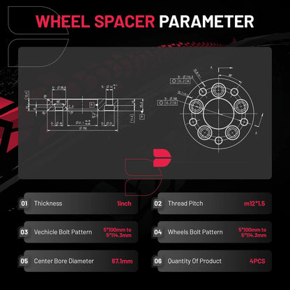 Wheel Adapters 1in Conversion 5x100 to 5x114.3 for Toyota Corolla (2003–2022)